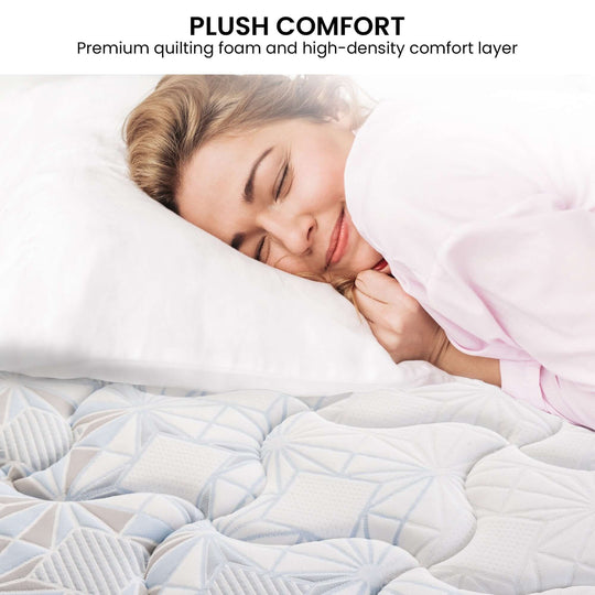 Woman enjoying plush comfort on Laura Hill Exquisite Mattress with premium quilting foam and high-density comfort layer.