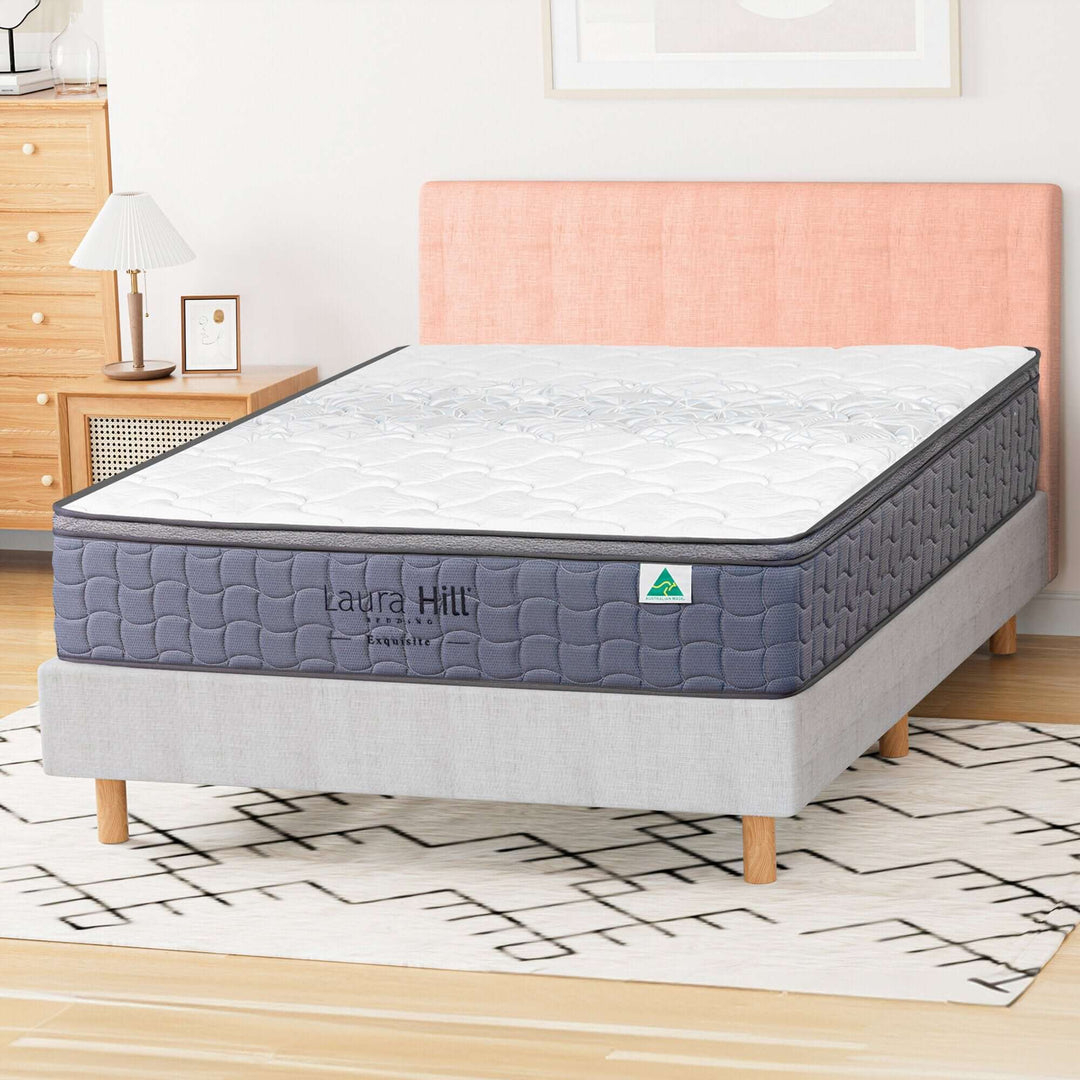 Laura Hill Exquisite Australian Made Double Premium Mattress on stylish bed, offering affordable luxury and quality comfort.