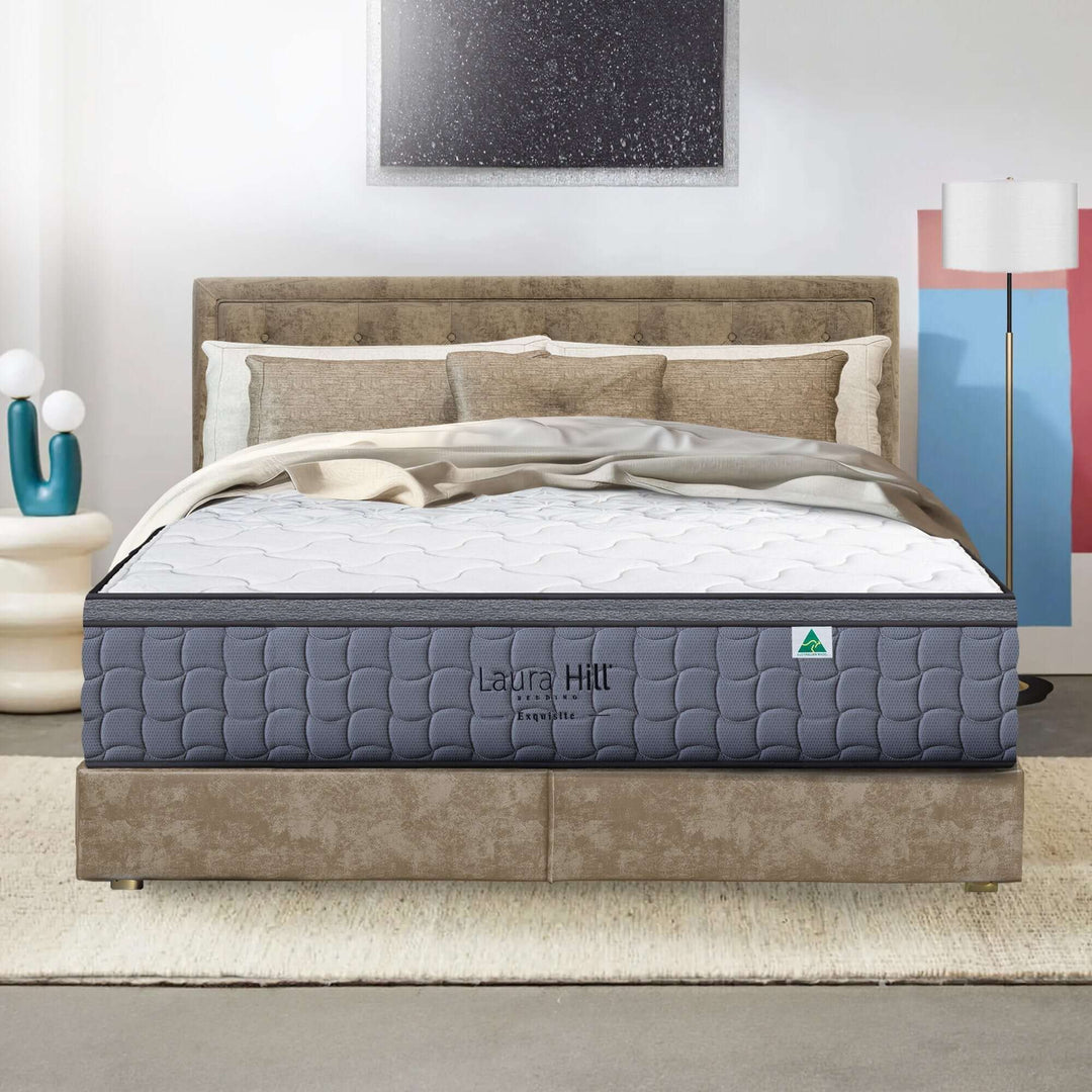 Laura Hill Exquisite Australian made double premium mattress on stylish bed with soft bedding in modern bedroom.