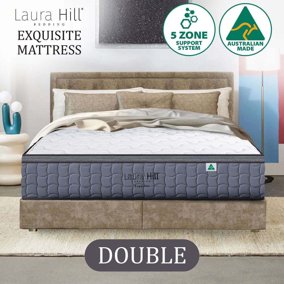 Laura Hill Exquisite Double Mattress, Australian made with 5 zone support, luxurious comfort and quality design.