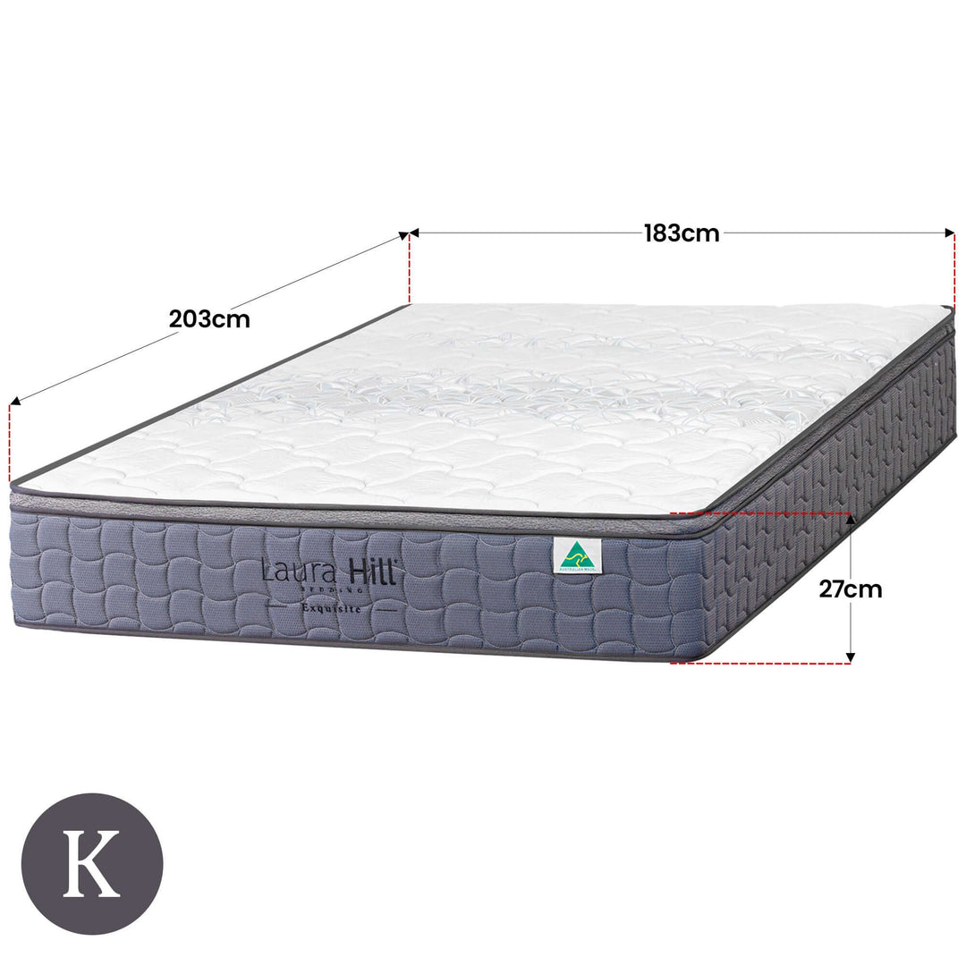 Laura Hill Exquisite Australian Made King Premium Mattress, dimensions 203cm x 183cm x 27cm, offering affordable luxury and quality comfort.