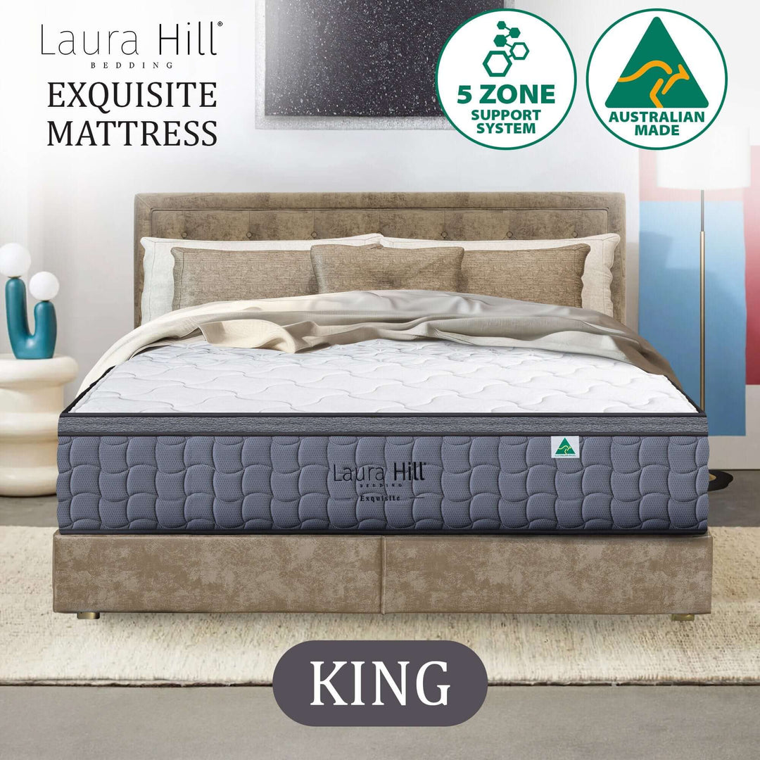 Laura Hill Exquisite King Mattress, affordable luxury with 5 zone support, Australian made for quality sleep.