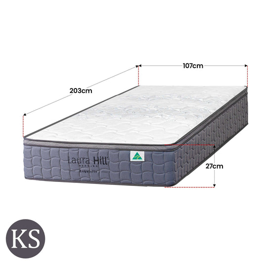 Laura Hill Exquisite King Single Premium Mattress showing dimensions 203cm x 107cm x 27cm, affordable luxury for DIY comfort.