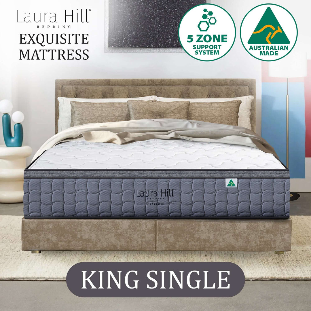 Laura Hill Exquisite King Single Mattress, Australian made, 5-zone support system, affordable luxury for quality sleep.