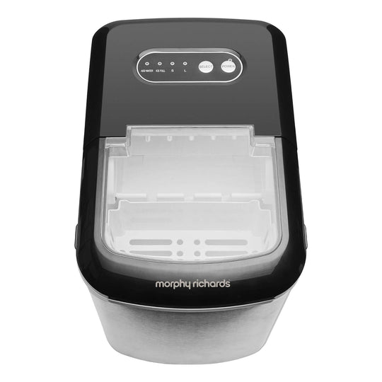 Morphy Richards 15kg ice maker in stainless steel, stylish and affordable for home use, creates bullet ice efficiently.