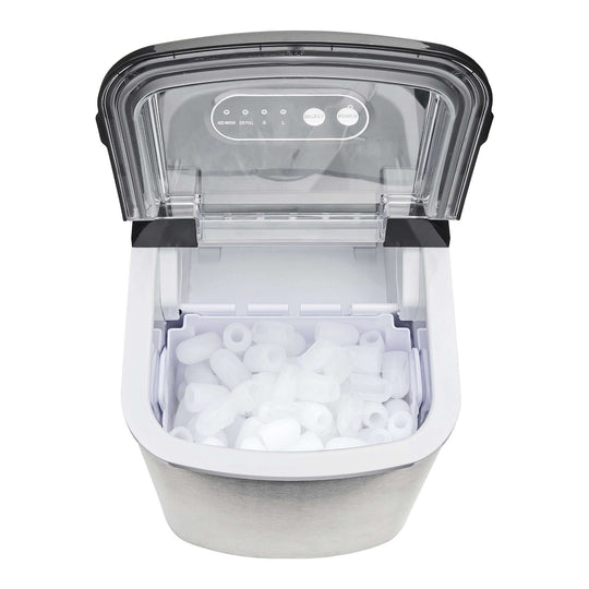 Morphy Richards Ice Maker showing bullet ice cubes in stainless steel design, ideal for affordable DIY drinks.