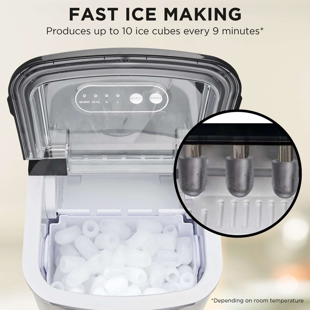 Morphy Richards Ice Maker showing fast ice production, creating 10 cubes every 9 minutes for DIY and affordable chilling.