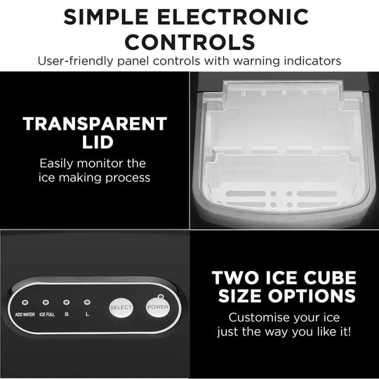 Morphy Richards Ice Maker controls with transparent lid and size options for easy DIY ice making.