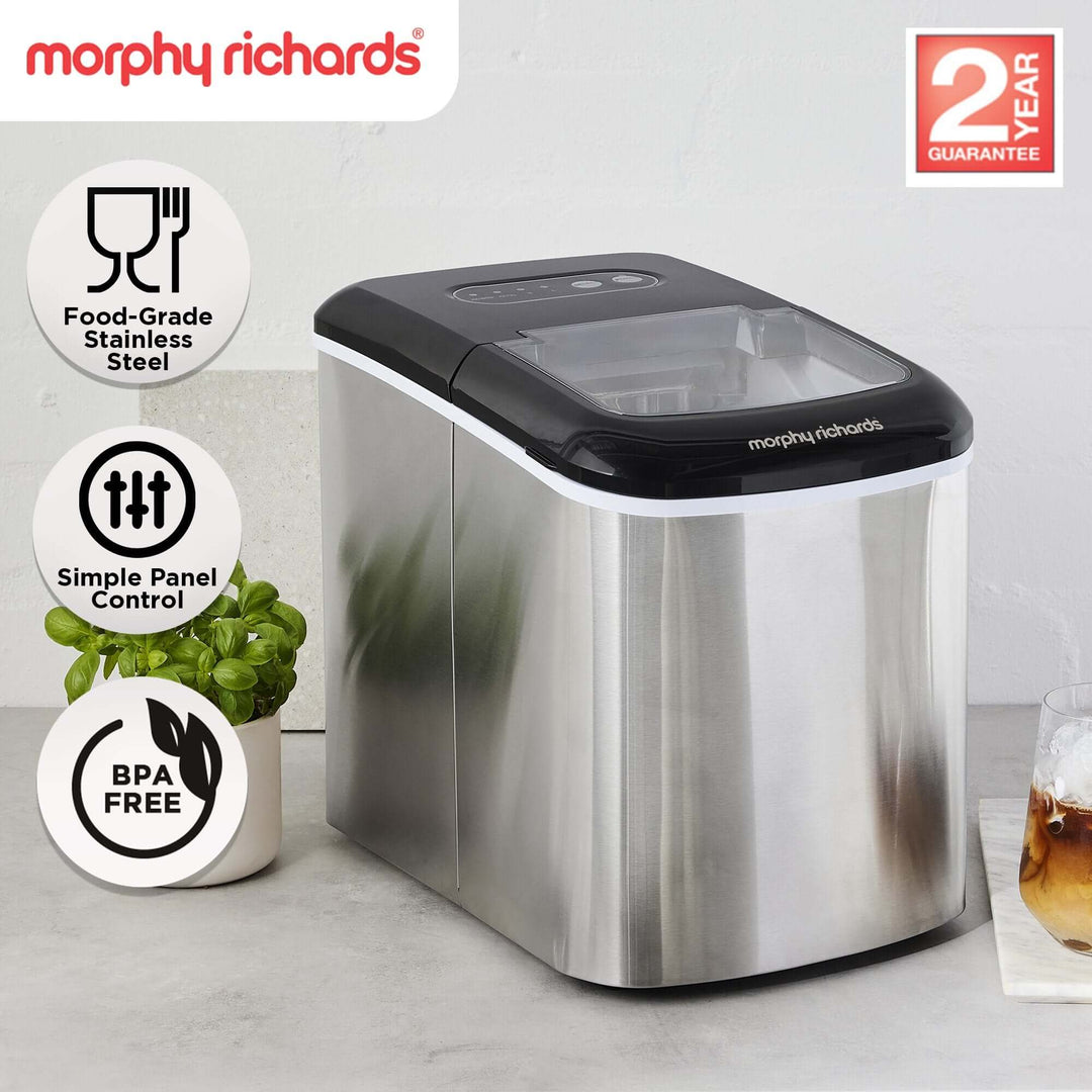 Morphy Richards 15kg Ice Maker in stainless steel with control panel, BPA-free, and 2-year guarantee.