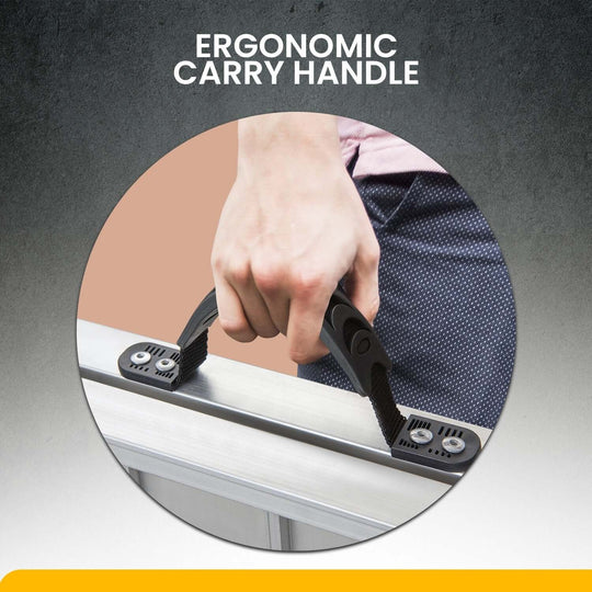 Close-up of ergonomic carry handle on a foldable wheelchair ramp, showcasing ease of portability and comfort.