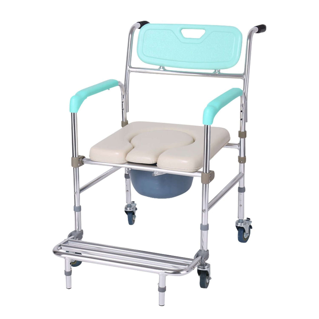 Orthonica commode chair with aluminum frame, soft push handles, footrest, and castors for enhanced mobility and comfort.