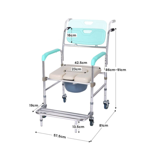 Orthonica commode chair dimensions 86cm-91cm height, featuring aluminum frame, footrest, and soft push handles for comfort.