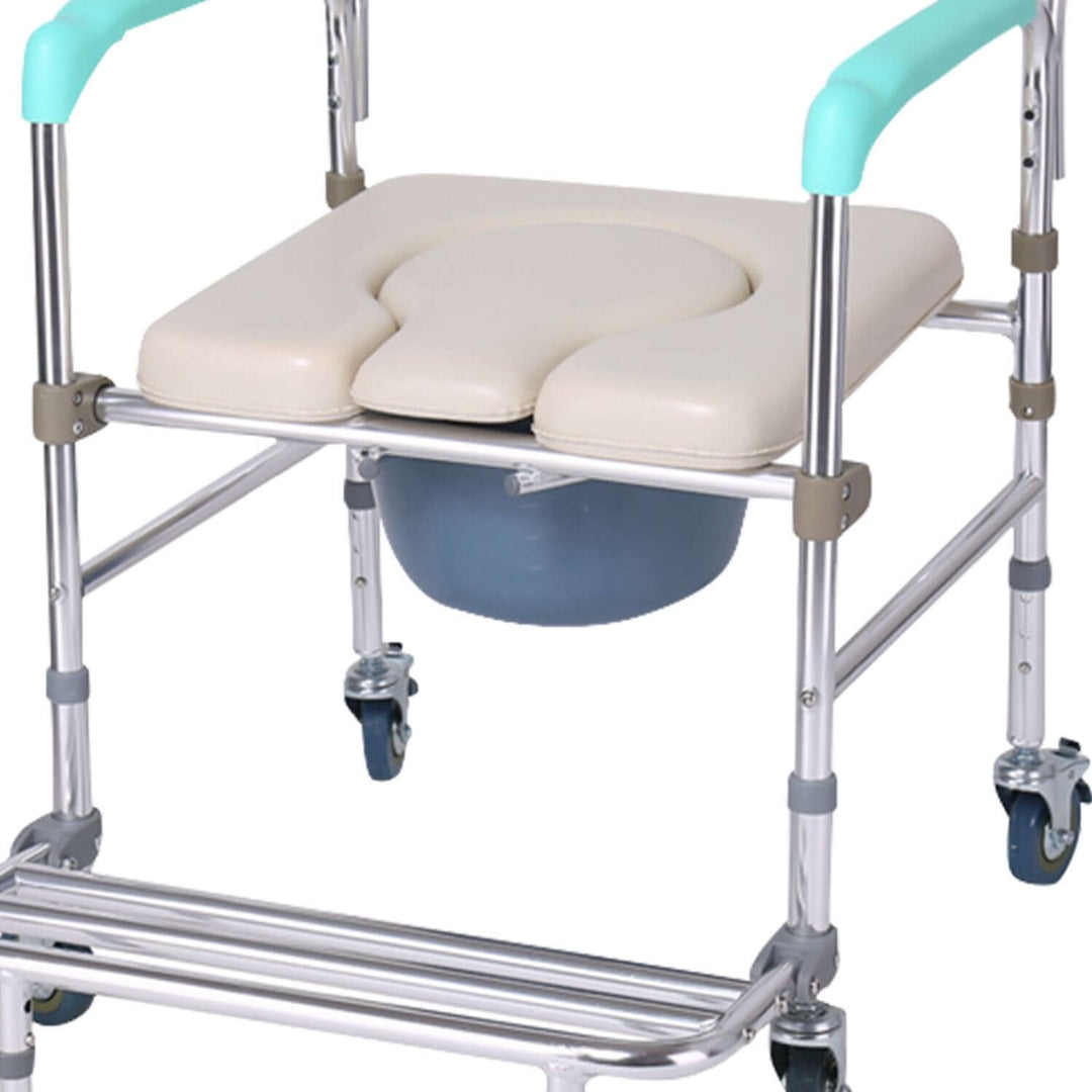 Orthonica commode chair features a soft seat, hygienic design, durable aluminum frame, and easy-to-move castors for convenience.