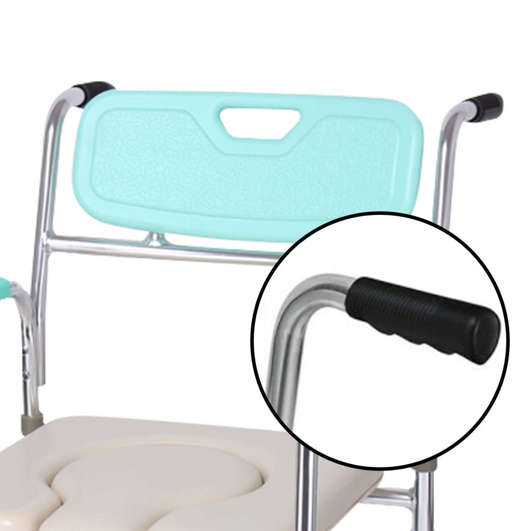 Orthonica commode chair backrest and soft push handle, showcasing durable aluminum frame and ergonomic design for comfort.