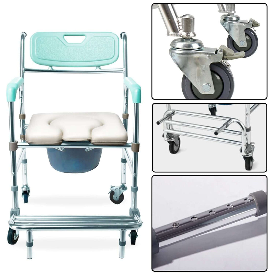 Orthonica aluminum commode chair with soft seat, castors, and adjustable footrest for enhanced mobility and comfort.