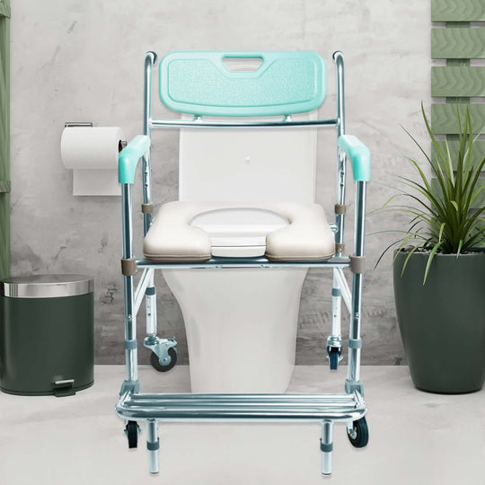 Orthonica commode chair with castors, aluminum frame, and soft push handles in a modern bathroom setting.