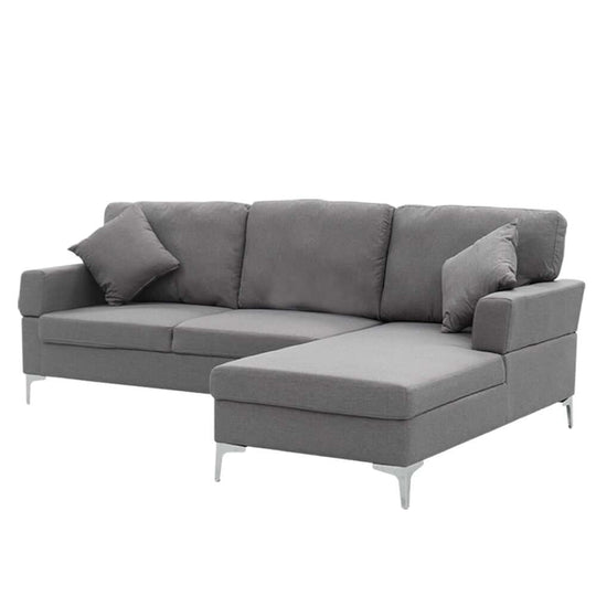 Affordable Sarantino dark grey 3 seater sofa with left side chaise, high-quality linen fabric and chrome legs.