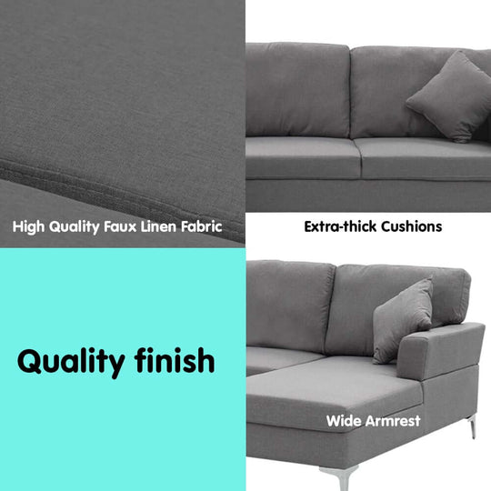 Sarantino sofa features high-quality faux linen fabric, extra-thick cushions, quality finish, and wide armrest.