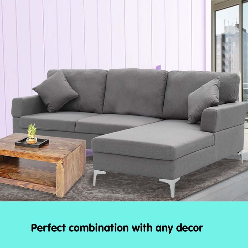 Sarantino 3 seater dark grey linen sofa with left chaise, complements any decor with stylish chrome legs.