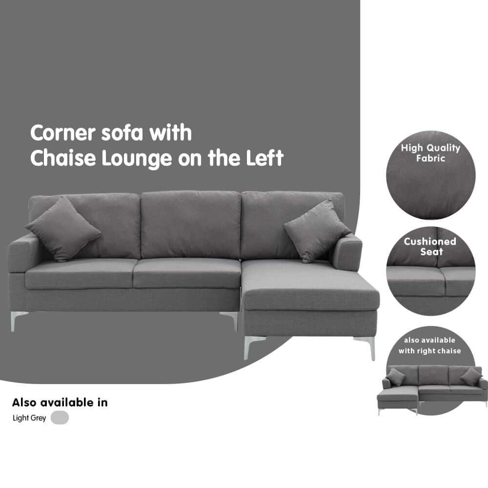 Affordable dark grey corner sofa with left chaise lounge, high-quality fabric and cushioned seat for comfort.