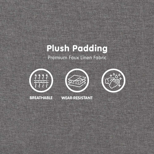 Infographic of plush padding on premium faux linen fabric featuring breathability and wear-resistance icons.