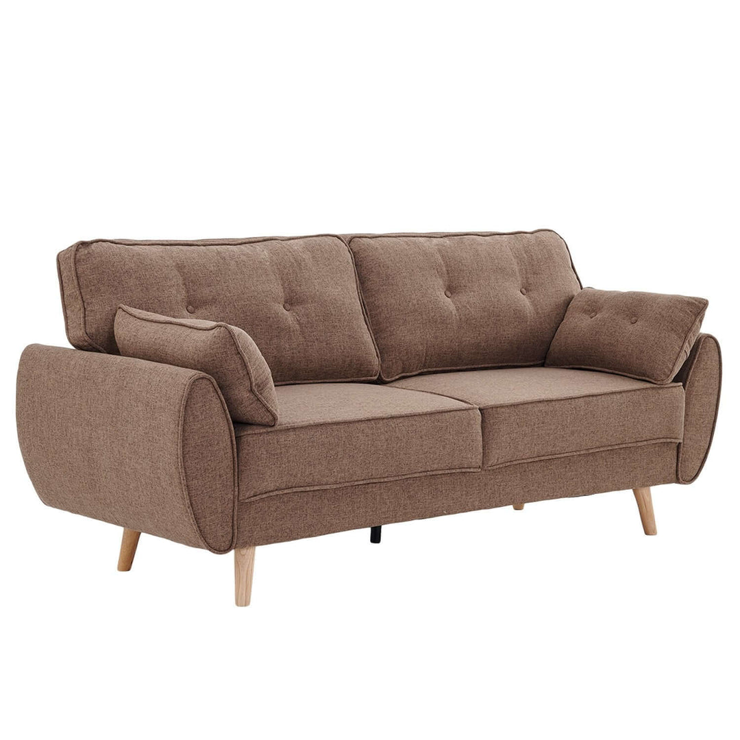 Affordable brown linen three-seater modular sofa bed with wooden legs, perfect for stylish and comfortable living spaces.