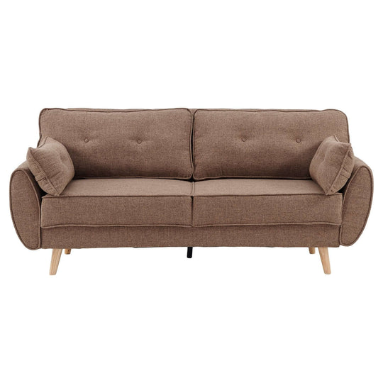 Affordable brown 3-seater modular linen fabric sofa bed with wooden legs and plush cushions.