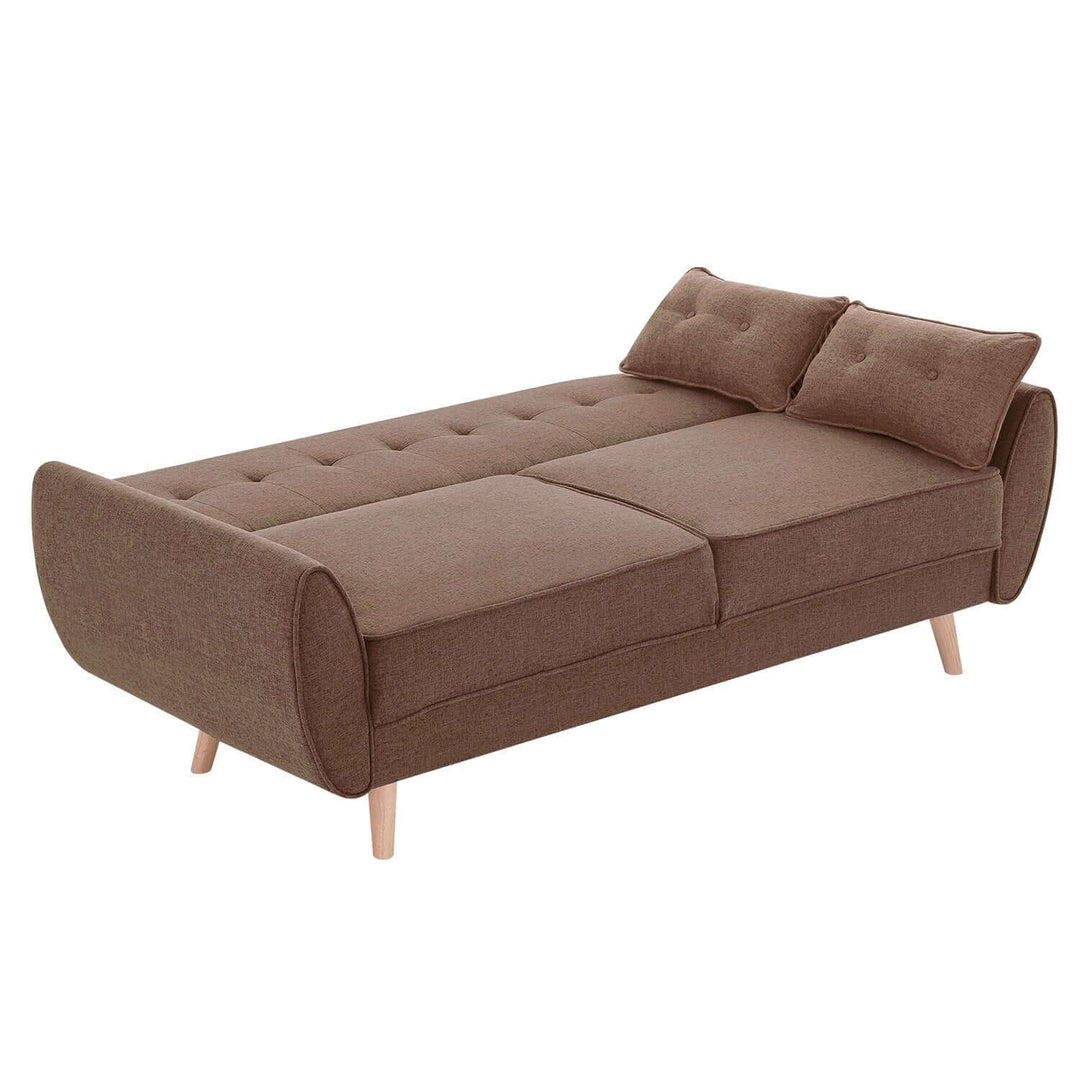 Sarantino 3-seater modular linen fabric sofa bed in brown, featuring wooden legs and a contemporary design.