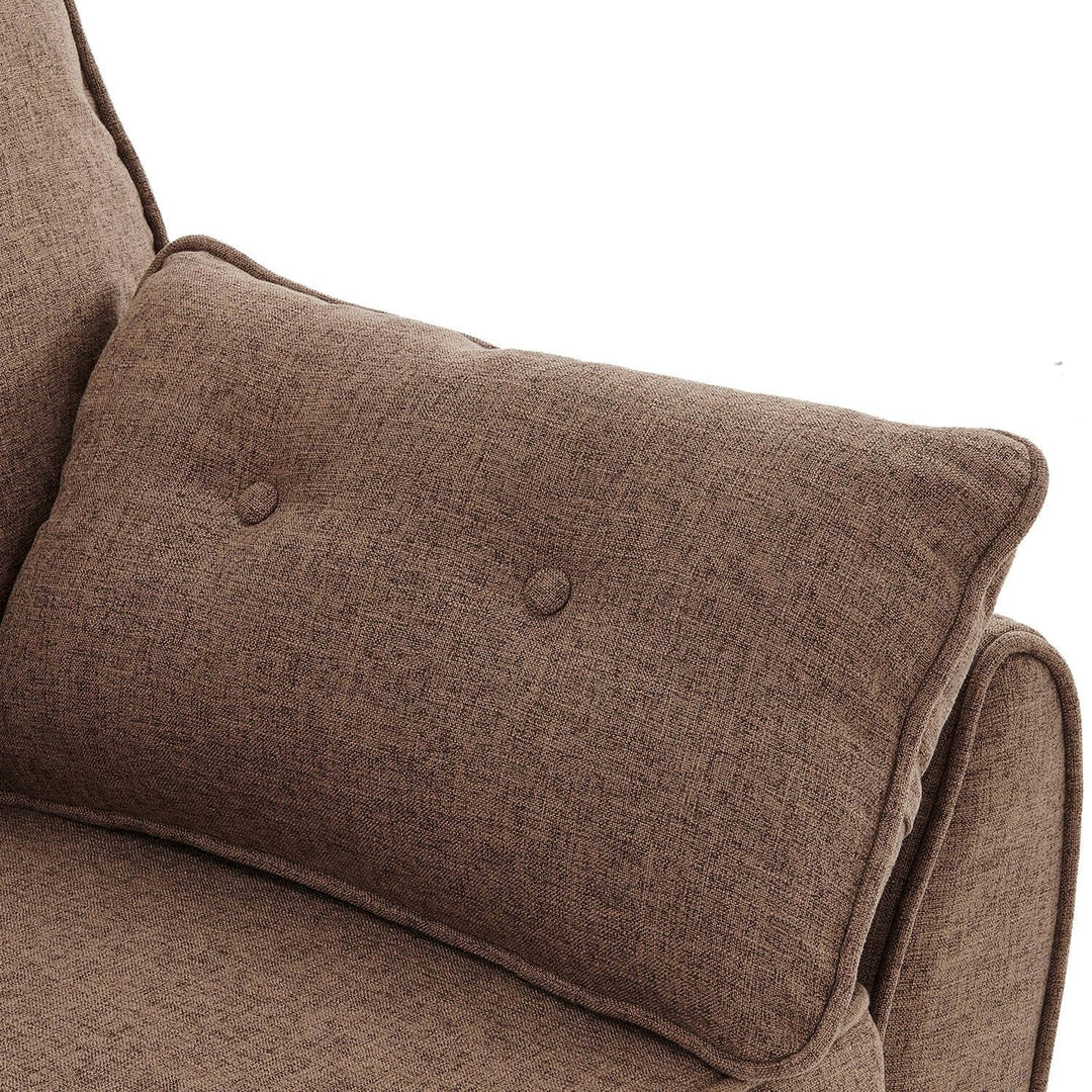 Close-up of the brown linen fabric cushion of the Sarantino 3 seater modular sofa bed, highlighting its quality and comfort.