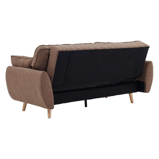 Sarantino 3 seater modular linen fabric sofa bed in brown with wooden legs and convertible design, back view.