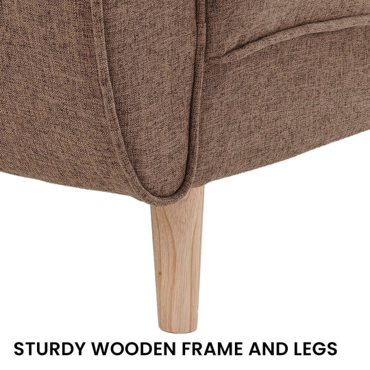 Close-up of a brown sofa showing sturdy wooden frame and legs, highlighting quality and modern design.