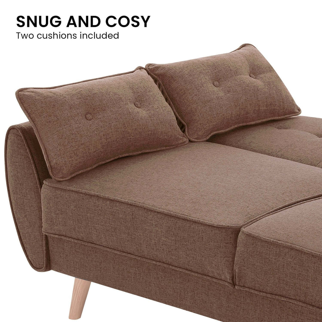 Sarantino brown sofa bed with two cushions, designed for comfort and style, perfect for affordable home decor.