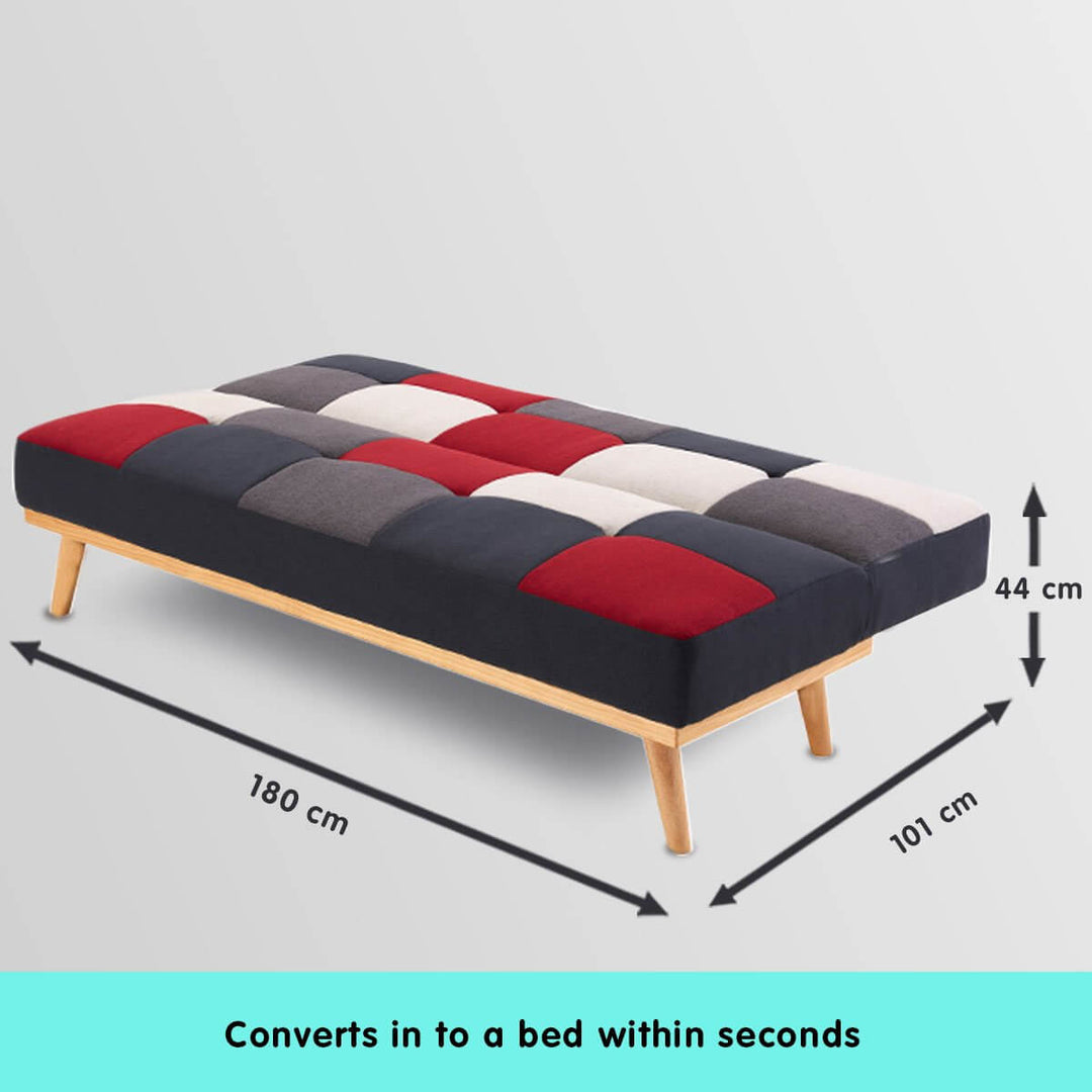 Sarantino 3-seater modular sofa bed in vibrant multi-colour, easily converts to bed, with wooden legs, dimensions 180x101x44cm.