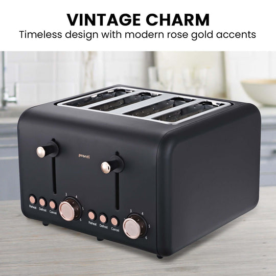 Pronti 4 Slice Toaster with Rose Trim in Black, showcasing modern design and 6 variable toast settings, perfect for affordable, quality value furniture.