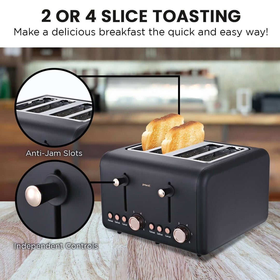 Pronti 4-Slice Toaster with Rose Trim, Black, showcasing independent controls and anti-jam slots, perfect for modern and affordable quality breakfast.