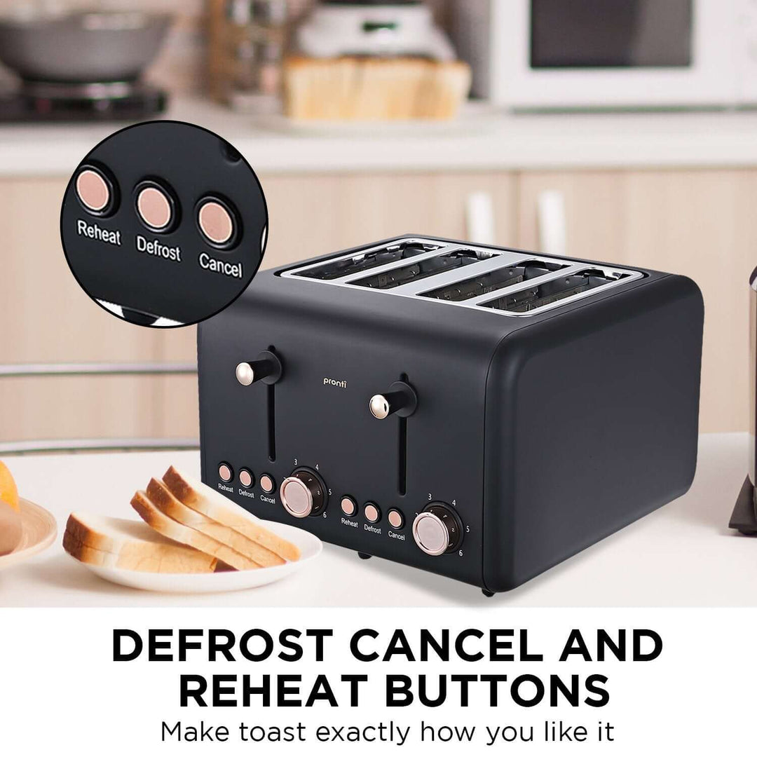 Pronti 4 Slice Toaster Rose Trim Collection - Black with Defrost, Reheat, and Cancel buttons