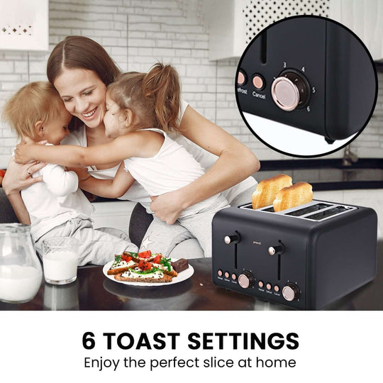 Mother and daughters enjoying breakfast with Pronti 4-Slice Toaster in black with rose trim, highlighting 6 toast settings feature.