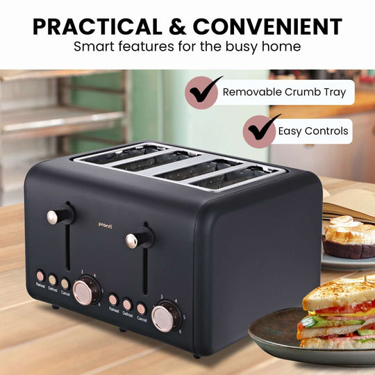 Pronti 4-Slice Toaster Black with Rose Trim, Affordable Quality Appliance with Removable Crumb Tray and Easy Controls for Value Furniture