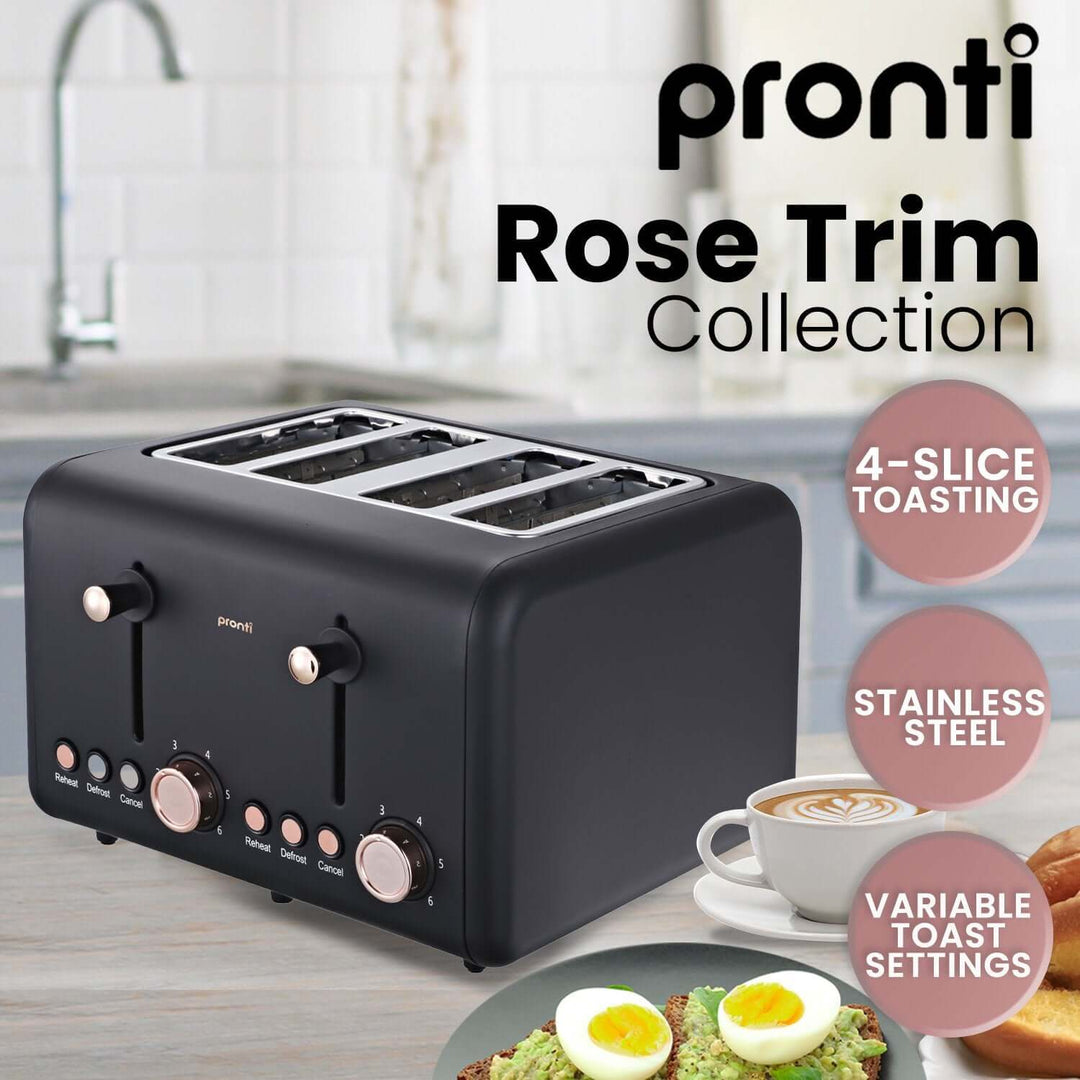 Pronti 4 Slice Toaster Rose Trim Collection in Black - perfect for value furniture, offering affordable quality with 6 variable toast settings.