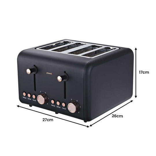 Pronti 4 Slice Toaster Rose Trim Collection Black, modern design, 6 toast settings, independent controls, value furniture, affordable quality.