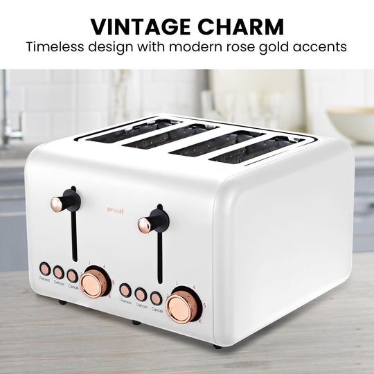 Pronti 4 Slice Toaster Rose Trim Collection - White with vintage charm in modern kitchen setting.