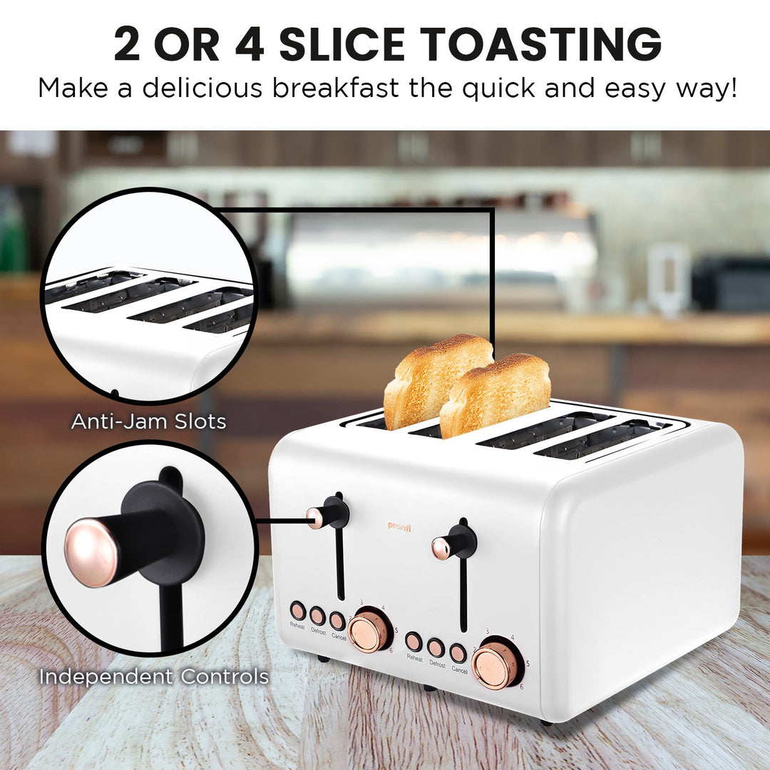 Pronti 4-Slice Toaster with Rose Trim, White - Independent Controls and Anti-Jam Slots for Convenient and Quality Breakfast Toasting