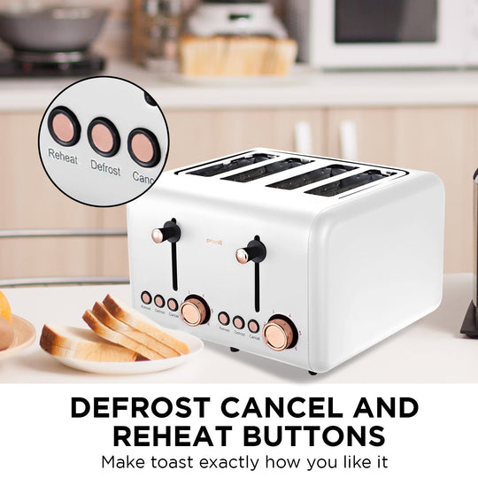 Pronti 4 Slice Toaster with Rose Trim - White, showcasing defrost, reheat, and cancel buttons in a modern kitchen setting.