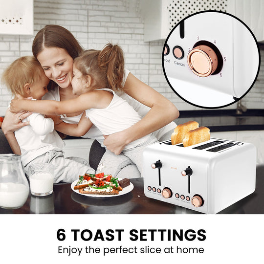 Woman hugging two children in kitchen with Pronti 4-Slice Toaster Rose Trim Collection - White on table including 6 toast settings feature.