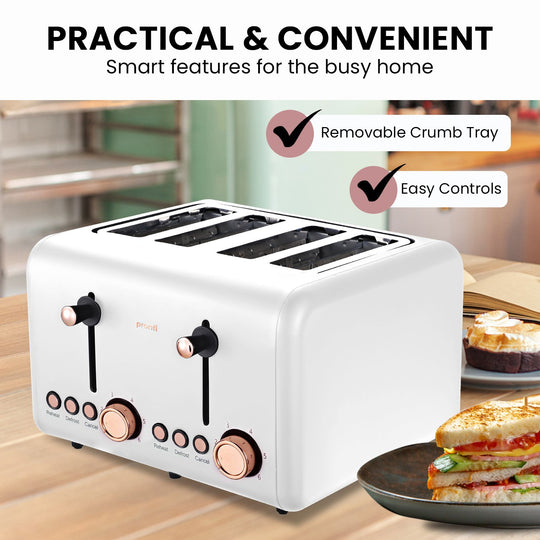 Pronti 4-Slice Toaster with Rose Trim in White, featuring removable crumb tray and easy controls, for affordable and quality breakfast solutions.