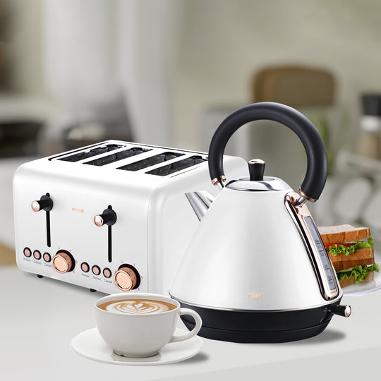 Pronti 4-Slice Toaster and Kettle with Rose Trim, White - Modern, Quality Kitchen Appliances with Coffee and Sandwich.