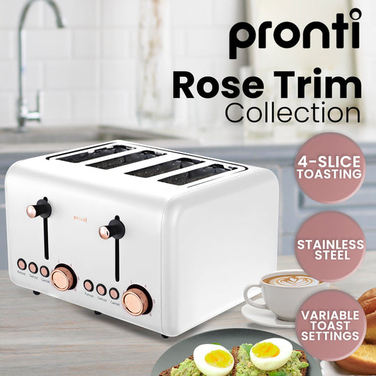 Pronti White 4-Slice Toaster with Rose Trim, modern design showcasing stainless steel finish, independent controls, and variable toast settings