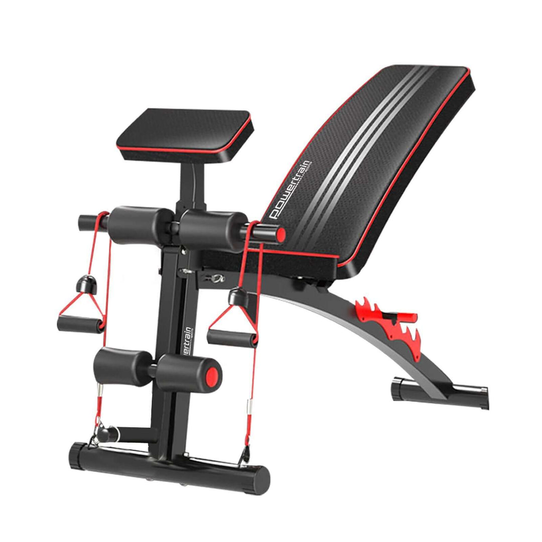 Powertrain adjustable FID home gym bench with preacher curl pad, featuring incline, decline, and flat settings for versatile workouts.