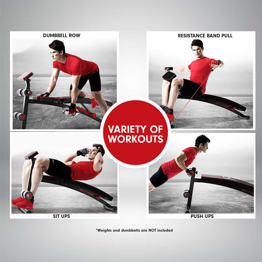 Variety of workouts displayed on the Powertrain Adjustable Gym Bench, including dumbbell rows, resistance band pulls, sit ups, and push ups.