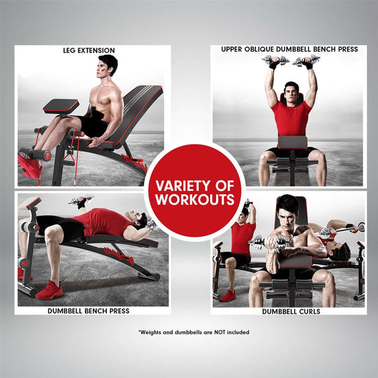 Fitness enthusiast demonstrating a variety of workouts on an adjustable gym bench, including leg extensions and dumbbell curls.